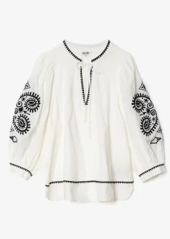 Broderad blus med puffärm