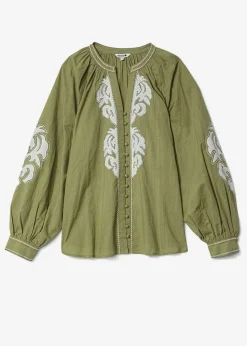 Grön broderad bomullsblus
